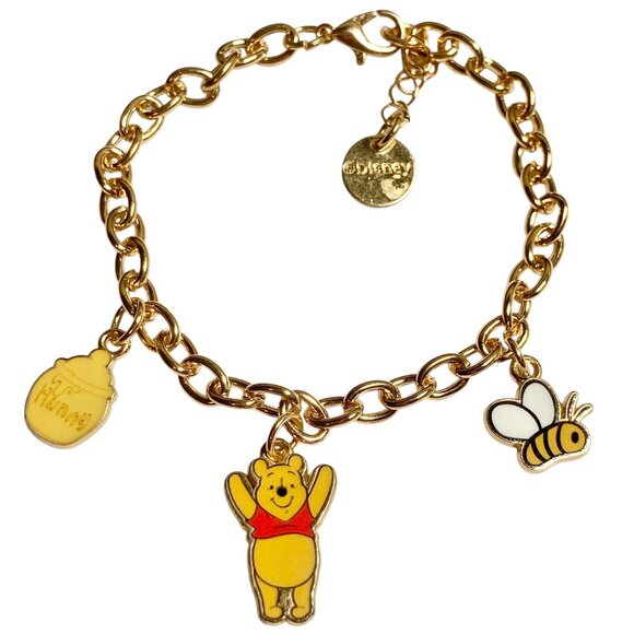 Vintage Disney Winnie the Pooh Charm Bracelet Honey Pot Bee Signed Gold Tone 8" - Picture 1 of 13